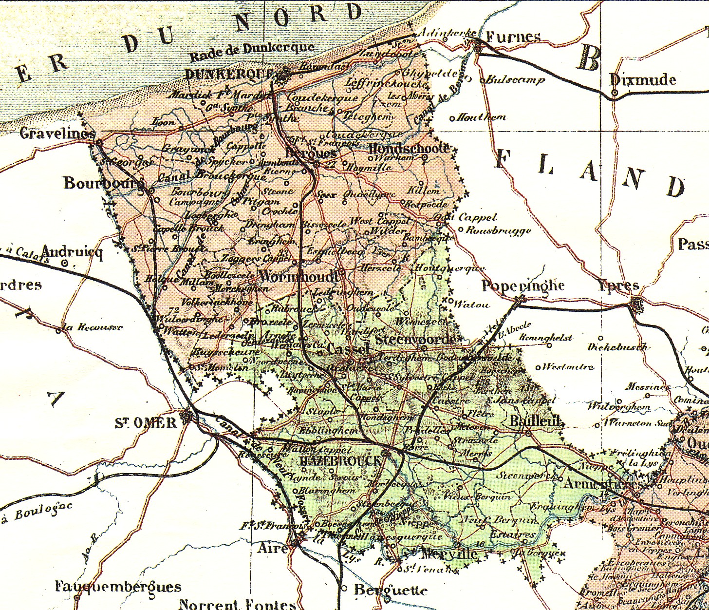 Carte Arrondissements de Dunkerque et d'Hazebrouck en 1873