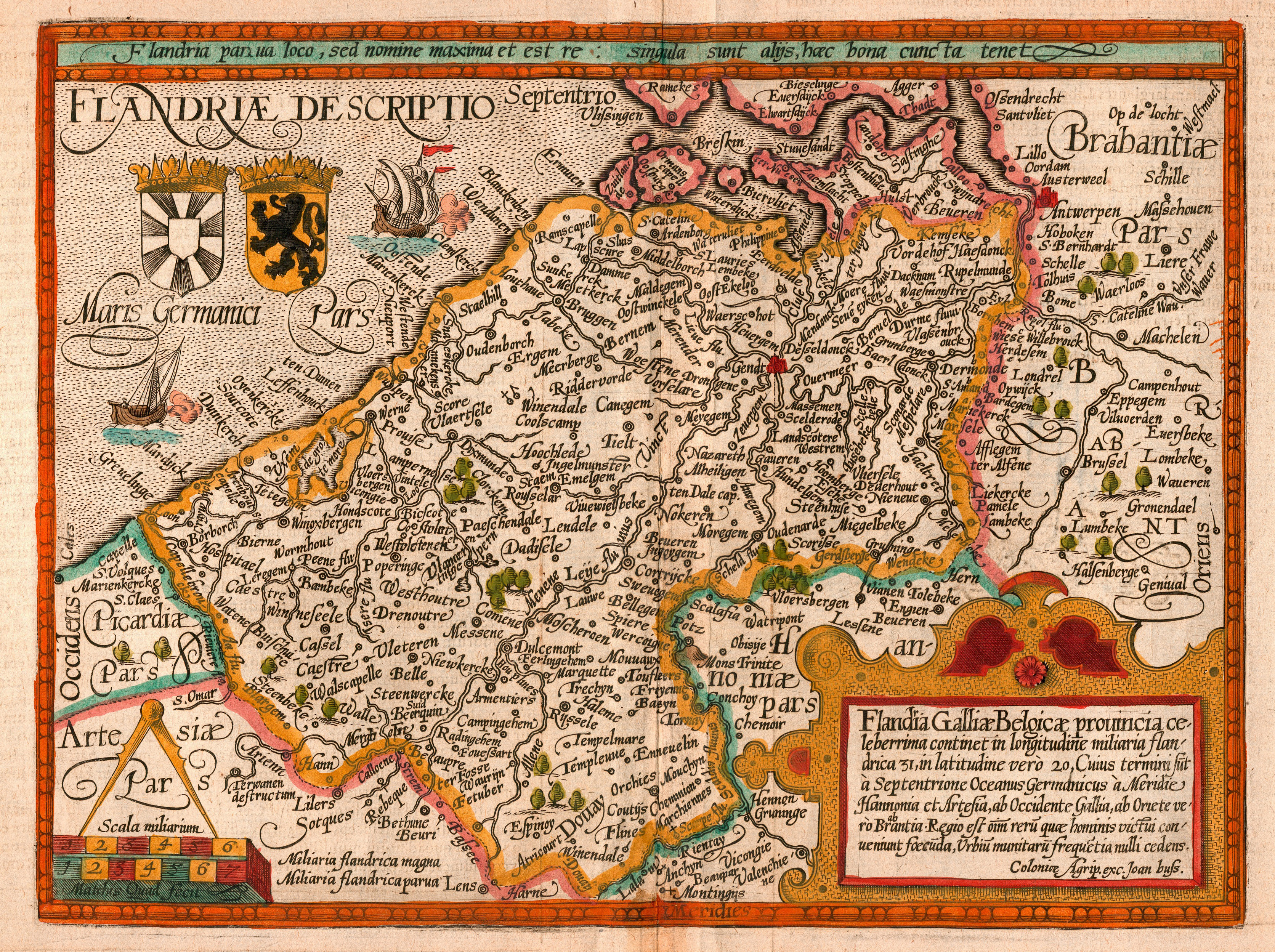 Carte du comté de Flandre par Matthias Quad (cartographe) et Johannes Bussemacher (graveur et éditeur, Cologne)