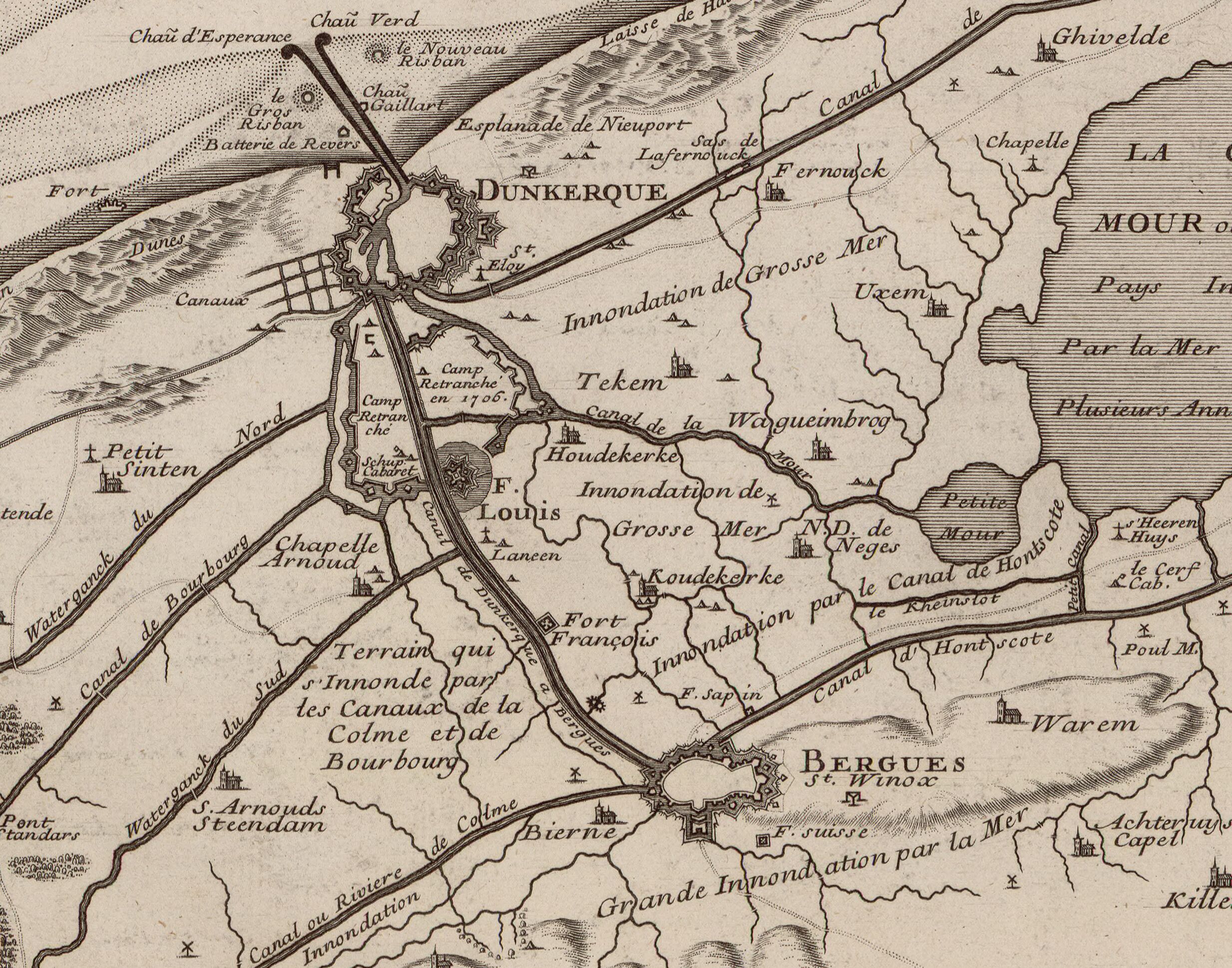 Carte des environs de Bergues et de Dunkerque en 1710