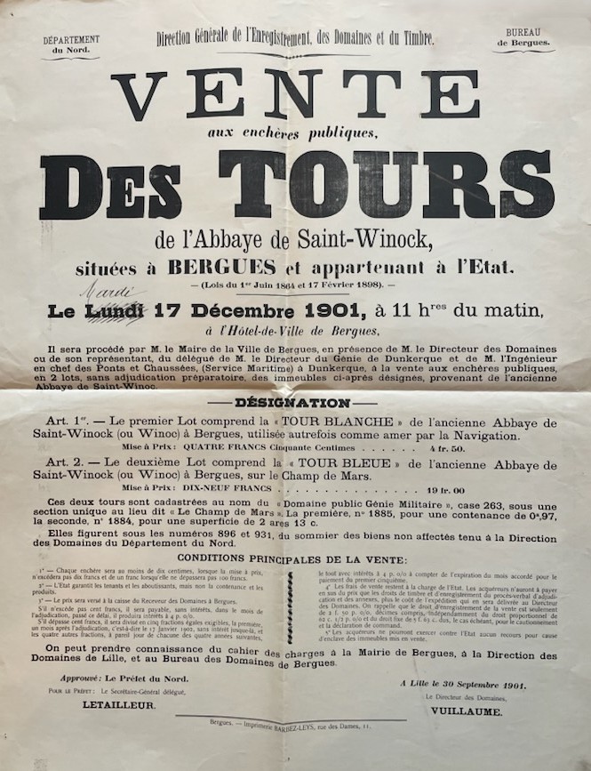 Affiche annonçant la vente des tours de l'abbaye de Bergues